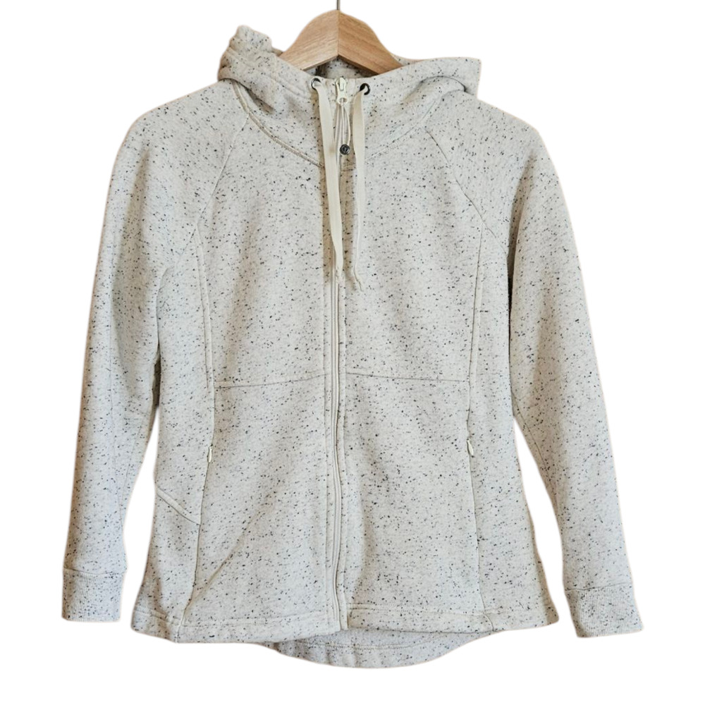 Talbots Hooded Fleece Jacket Sweatshirt Zippered Pockets Heathered Cream Medium